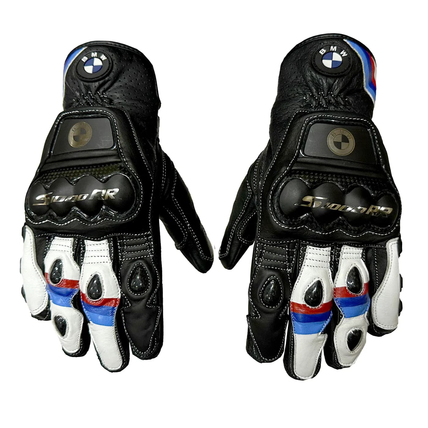 Custom BMW S1000RR Black White Motorcycle Leather Racing Short Gloves front view
