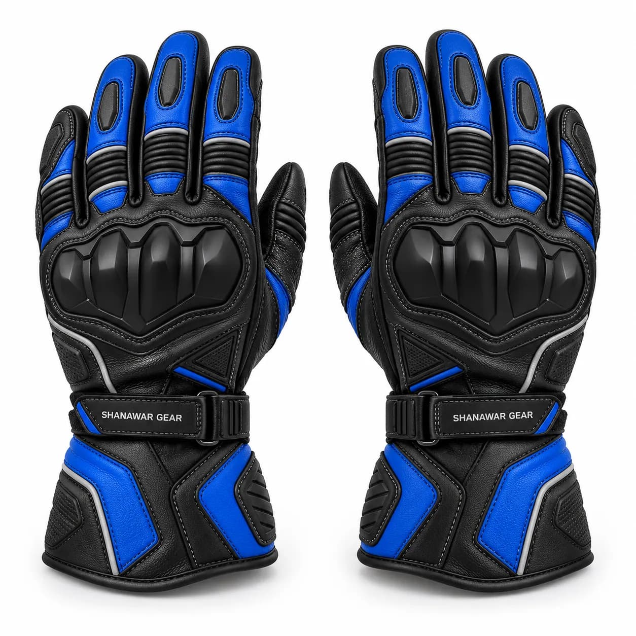 Blue Leather Racing Gloves front view